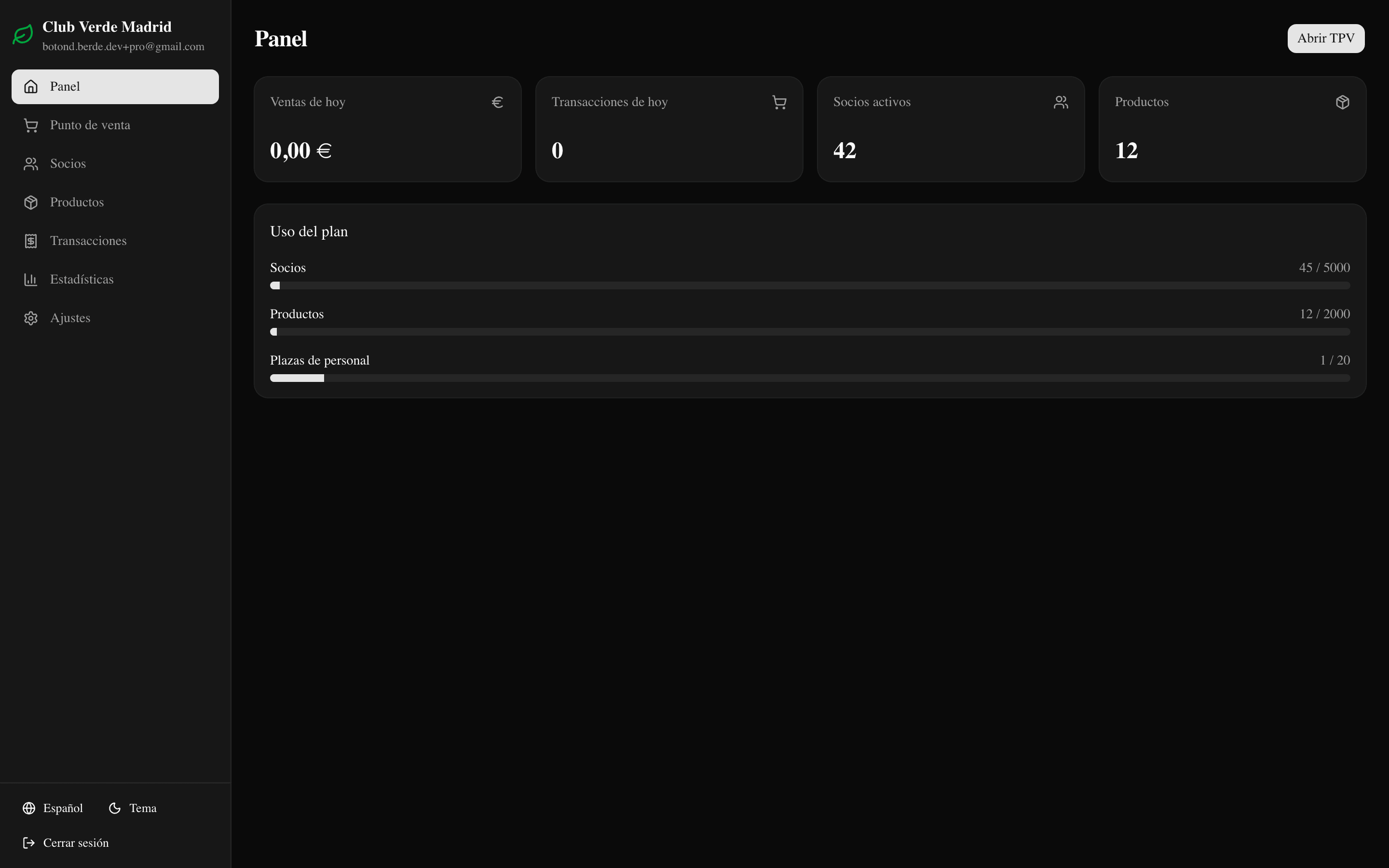 Todo tu club de un vistazo: ventas, socios y uso del plan en un solo panel.